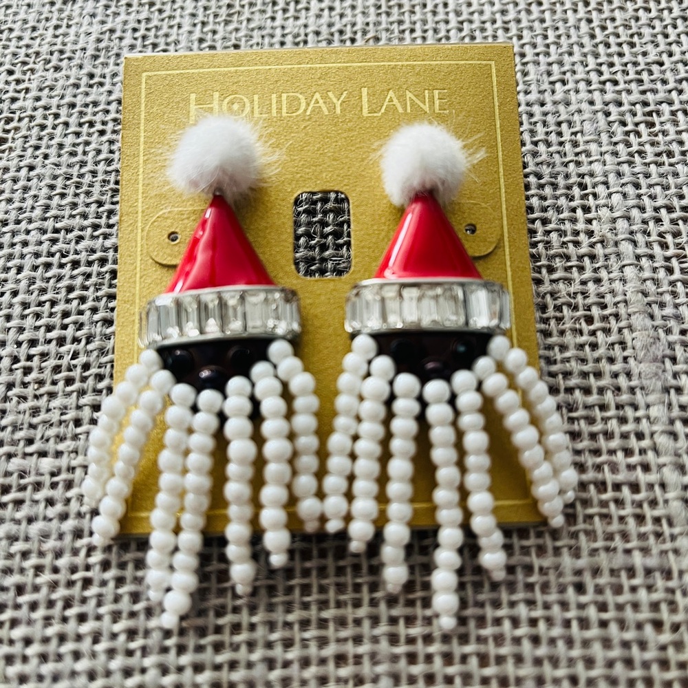 Santa-Holiday Lane Brown Face W/Pearl Beard, Rhinestone & Pom-Pom Santa Earrings